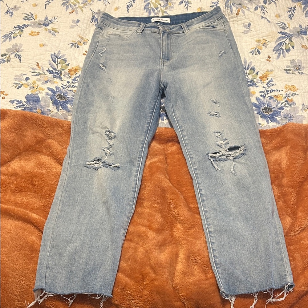 Flying Monkey Light Blue Distressed Straight Leg Jeans